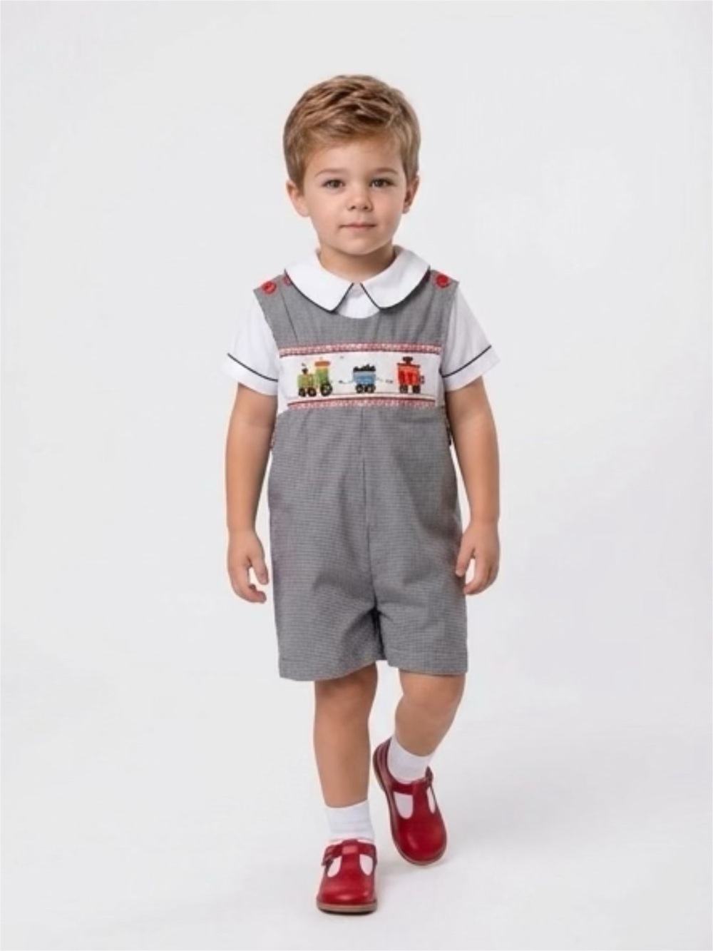 Orient Express Smocked Train Shortall "Jon Jon" Sz 1 & Anavini White Shirt 12mo